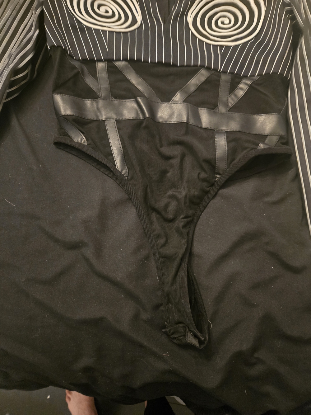 AKIRA Black Pinstripe Long Sleeve Bodysuit with White Spiral Appliqué - Picture 6 of 10